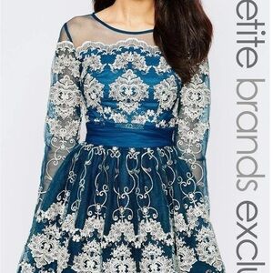 Chi Chi London Teal Lace Off Shoulder Dress Embroidered Formal Fit Flare Sz S